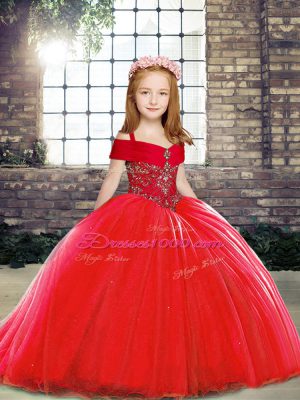 Red Sleeveless Brush Train Beading Party Dress for Toddlers