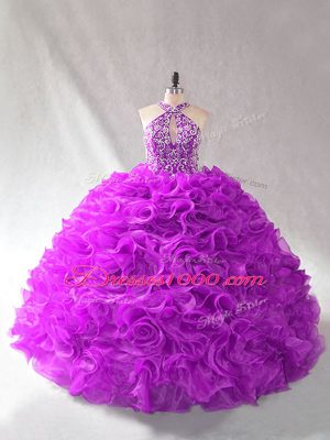 Glamorous Purple Sleeveless Organza Lace Up 15th Birthday Dress for Sweet 16 and Quinceanera