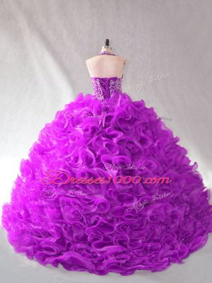 Glamorous Purple Sleeveless Organza Lace Up 15th Birthday Dress for Sweet 16 and Quinceanera