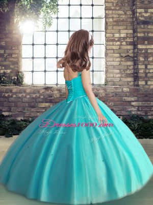 Discount Hot Pink Straps Neckline Beading Pageant Gowns For Girls Sleeveless Lace Up