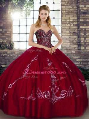 Wine Red Ball Gowns Sweetheart Sleeveless Tulle Floor Length Lace Up Beading and Embroidery 15th Birthday Dress