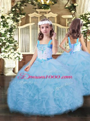 Blue Ball Gowns Organza Sweetheart Sleeveless Beading and Ruffles Floor Length Lace Up Quince Ball Gowns