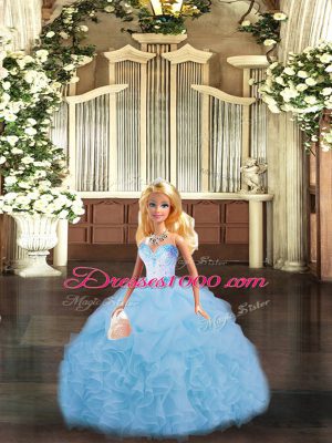 Blue Ball Gowns Organza Sweetheart Sleeveless Beading and Ruffles Floor Length Lace Up Quince Ball Gowns