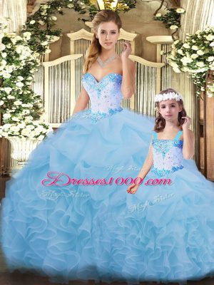 Blue Ball Gowns Organza Sweetheart Sleeveless Beading and Ruffles Floor Length Lace Up Quince Ball Gowns