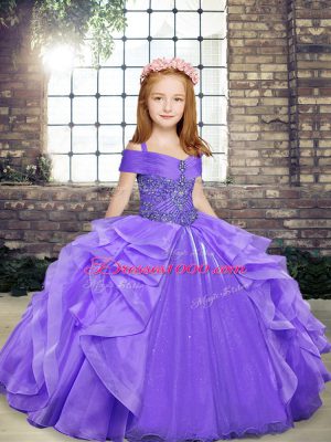Exquisite Lavender Little Girls Pageant Dress Party and Wedding Party with Beading and Ruffles Straps Sleeveless Lace Up