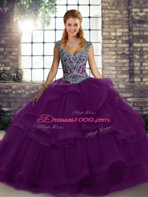 Straps Sleeveless Lace Up Quinceanera Gowns Purple Tulle