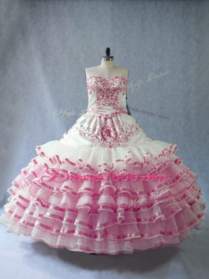 Pink And White Ball Gowns Embroidery and Ruffled Layers and Bowknot Quinceanera Dresses Lace Up Organza Sleeveless Floor Length