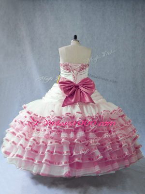 Pink And White Ball Gowns Embroidery and Ruffled Layers and Bowknot Quinceanera Dresses Lace Up Organza Sleeveless Floor Length