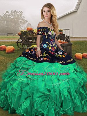 Off The Shoulder Sleeveless Organza Ball Gown Prom Dress Embroidery and Ruffles Lace Up