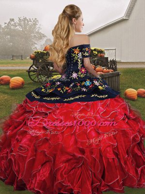 Off The Shoulder Sleeveless Organza Ball Gown Prom Dress Embroidery and Ruffles Lace Up