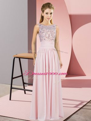Graceful Scoop Sleeveless Backless Prom Dresses Pink Chiffon