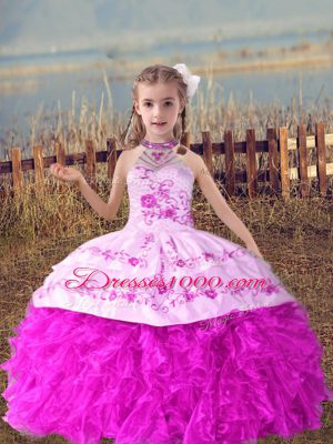 High End Sleeveless Beading and Embroidery and Ruffles Lace Up Girls Pageant Dresses