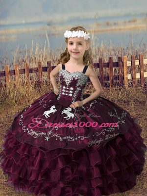 Luxurious Floor Length Burgundy Little Girl Pageant Dress Organza Sleeveless Embroidery and Ruffled Layers