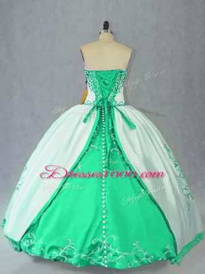 Modest White Sleeveless Floor Length Embroidery Lace Up Quince Ball Gowns