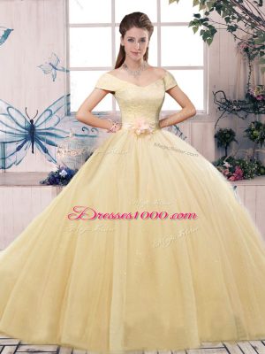 Champagne Ball Gowns Lace and Hand Made Flower Vestidos de Quinceanera Lace Up Tulle Short Sleeves Floor Length