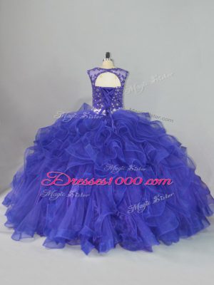 Floor Length Lace Up Sweet 16 Dress Blue for Sweet 16 and Quinceanera with Beading and Ruffles