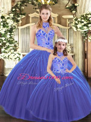 Amazing Blue Quinceanera Gown Tulle Sleeveless Embroidery