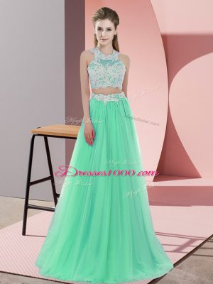 Superior Floor Length Apple Green Quinceanera Court of Honor Dress Tulle Sleeveless Lace