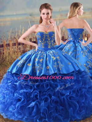 Flirting Royal Blue Lace Up Sweetheart Embroidery and Ruffles Quinceanera Dresses Fabric With Rolling Flowers Sleeveless Brush Train