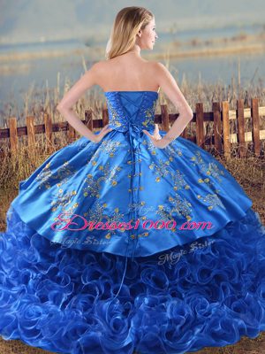 Flirting Royal Blue Lace Up Sweetheart Embroidery and Ruffles Quinceanera Dresses Fabric With Rolling Flowers Sleeveless Brush Train