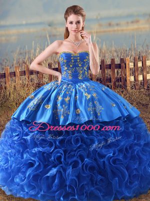 Flirting Royal Blue Lace Up Sweetheart Embroidery and Ruffles Quinceanera Dresses Fabric With Rolling Flowers Sleeveless Brush Train