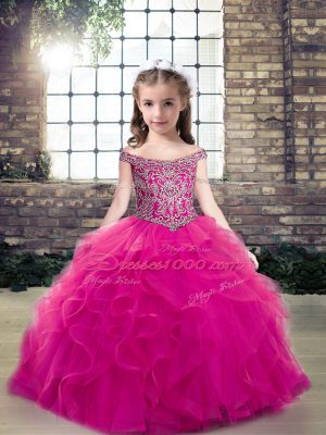 Fuchsia Lace Up Party Dress for Girls Beading and Ruffles Sleeveless Floor Length