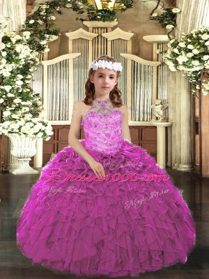 Halter Top Sleeveless Lace Up Teens Party Dress Fuchsia Tulle