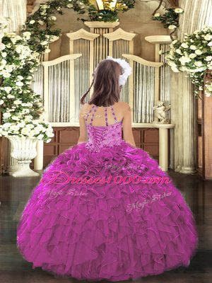 Halter Top Sleeveless Lace Up Teens Party Dress Fuchsia Tulle