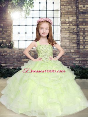 Exquisite Yellow Green Lace Up Party Dress for Toddlers Beading Sleeveless Floor Length