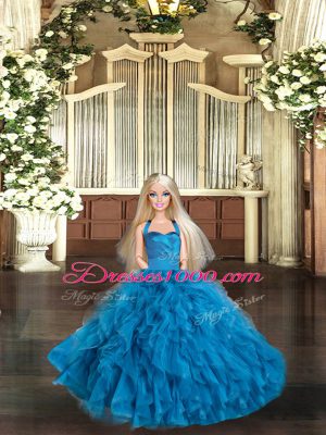 Blue Tulle Lace Up Quinceanera Dresses Sleeveless Floor Length Ruffles