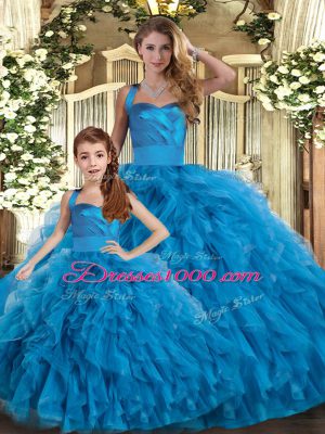 Blue Tulle Lace Up Quinceanera Dresses Sleeveless Floor Length Ruffles