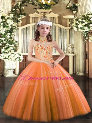 Custom Design Halter Top Sleeveless Lace Up Kids Pageant Dress Orange Tulle