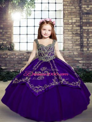 Best Straps Sleeveless Girls Pageant Dresses Floor Length Embroidery Purple Tulle