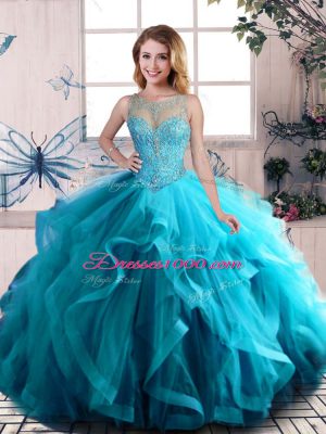 Floor Length Aqua Blue Vestidos de Quinceanera Scoop Sleeveless Lace Up