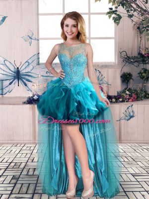 Floor Length Aqua Blue Vestidos de Quinceanera Scoop Sleeveless Lace Up