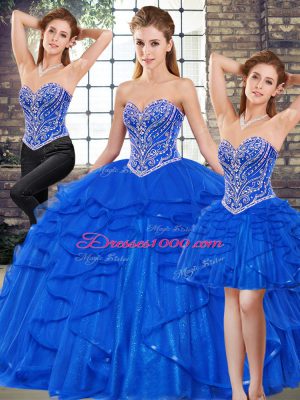 Floor Length Three Pieces Sleeveless Royal Blue 15 Quinceanera Dress Lace Up