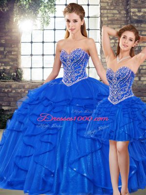 Floor Length Three Pieces Sleeveless Royal Blue 15 Quinceanera Dress Lace Up