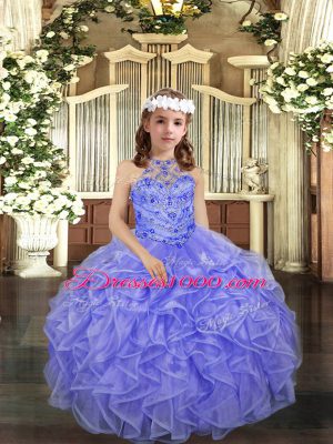 Lavender Ball Gowns Halter Top Sleeveless Organza Floor Length Lace Up Beading and Ruffles Winning Pageant Gowns
