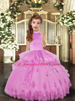 Lilac Tulle Backless High-neck Sleeveless Floor Length Little Girl Pageant Gowns Beading and Appliques