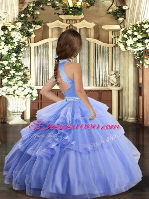 Lilac Tulle Backless High-neck Sleeveless Floor Length Little Girl Pageant Gowns Beading and Appliques