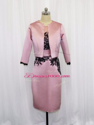 Pink Column/Sheath Scoop Long Sleeves Satin Mini Length Zipper Lace and Appliques Prom Dress