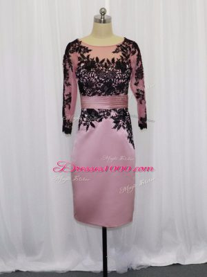Pink Column/Sheath Scoop Long Sleeves Satin Mini Length Zipper Lace and Appliques Prom Dress