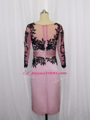 Pink Column/Sheath Scoop Long Sleeves Satin Mini Length Zipper Lace and Appliques Prom Dress