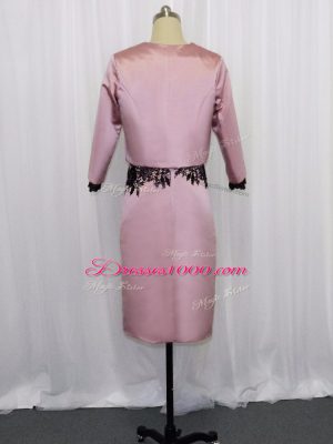 Pink Column/Sheath Scoop Long Sleeves Satin Mini Length Zipper Lace and Appliques Prom Dress