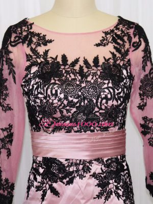 Pink Column/Sheath Scoop Long Sleeves Satin Mini Length Zipper Lace and Appliques Prom Dress