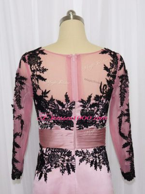 Pink Column/Sheath Scoop Long Sleeves Satin Mini Length Zipper Lace and Appliques Prom Dress