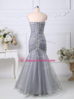 High Quality Tulle Sleeveless Floor Length Prom Dress and Beading and Ruching