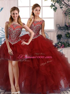 Three Pieces 15th Birthday Dress Burgundy Scoop Organza Sleeveless Floor Length Zipper