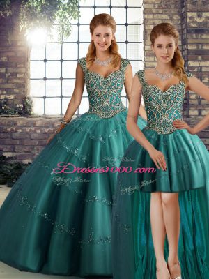 Straps Sleeveless Lace Up Ball Gown Prom Dress Teal Tulle