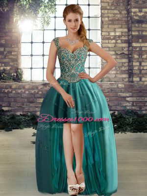 Straps Sleeveless Lace Up Ball Gown Prom Dress Teal Tulle